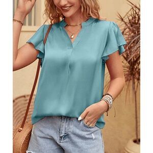 Lucklisa Turquoise Flutter-Sleeve V-Neck Top M #1643-A6